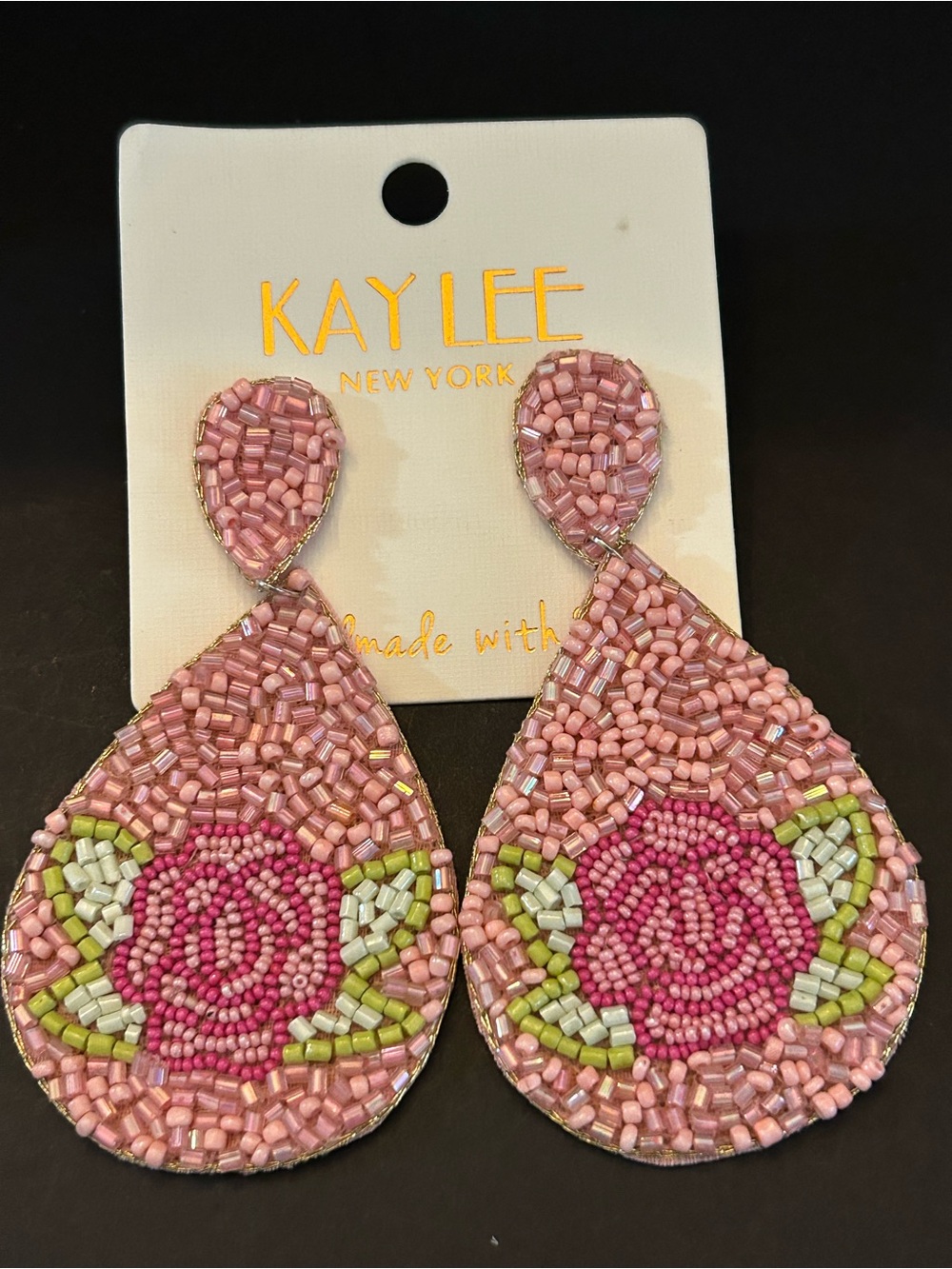 Kay Lee Handcrafted Pink Beaded Boho Floral Design Teardrop Earrings
